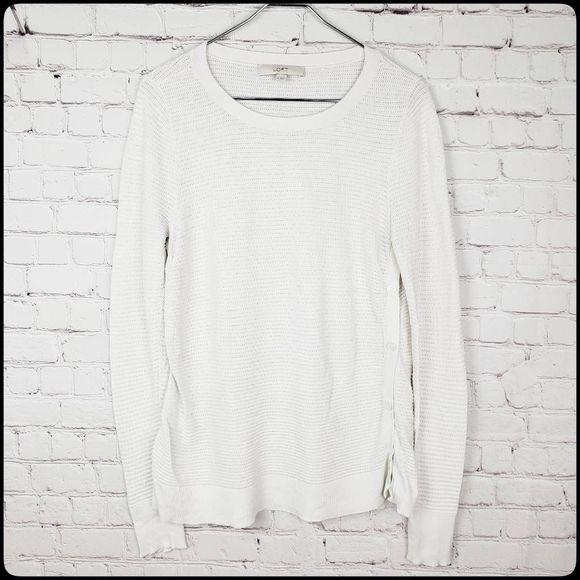 LOFT White Stretch Crew Neck Pullover Open Knit Long Sleeve Button Accent Top Md - Picture 1 of 6